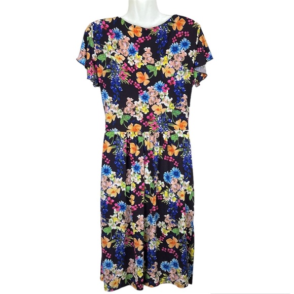 Leona Edmiston Dress Multicoloured Floral Draped Buckle Knee Length Size M 12 - Picture 6 of 11